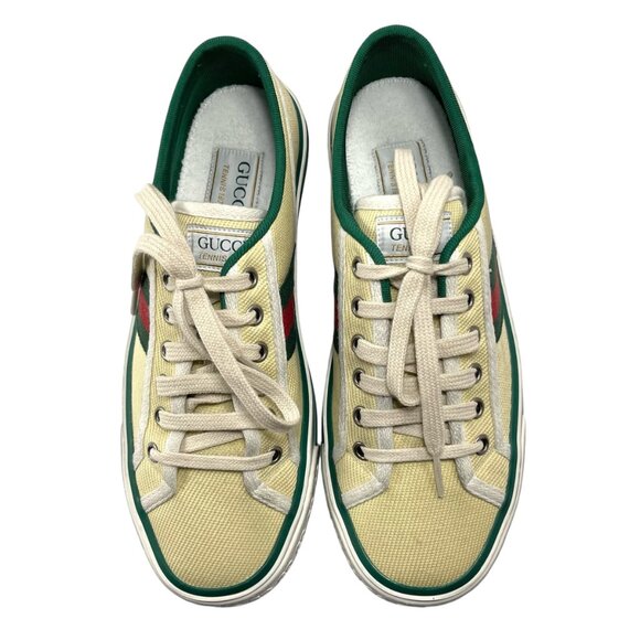 GUCCI Tennis 1977 Old Multicolor Canvas Tweed Butter Yellow Womens 38 8 - Picture 3 of 12